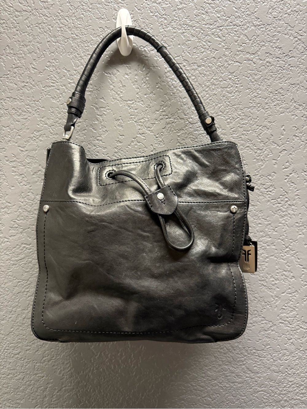 Frye Black Leather Drawstring Shoulder Tote